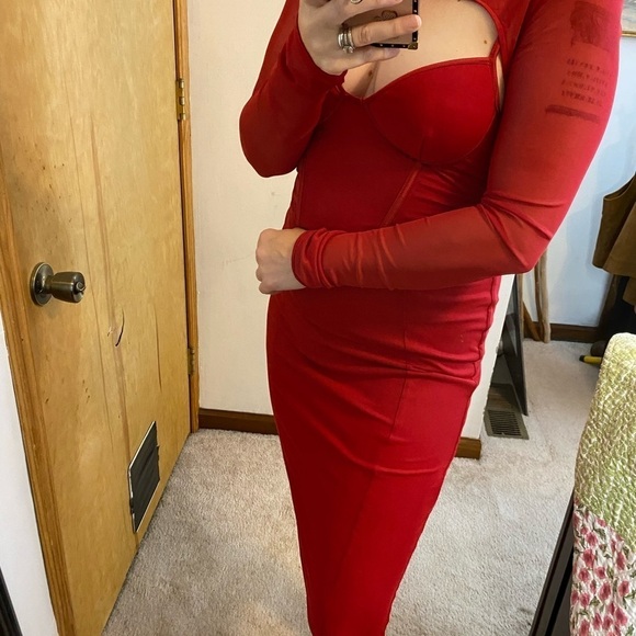 NWT Rosedress Red Corset Top Mesh Long Sleeve Midi Dress - Picture 11 of 13